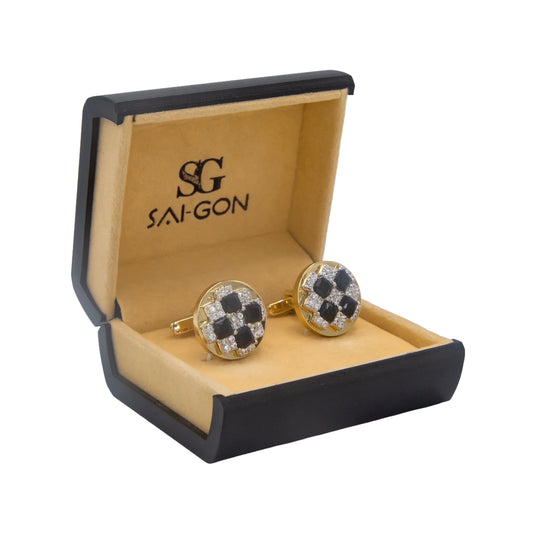 Premium Zircon Black Stone Golden Round Cufflinks