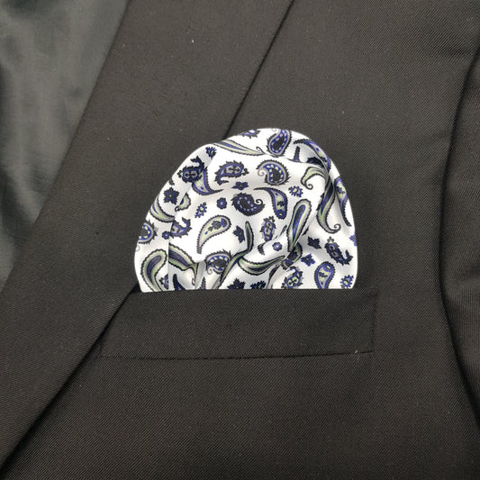 White Paisley Print Silk Pocket Squares