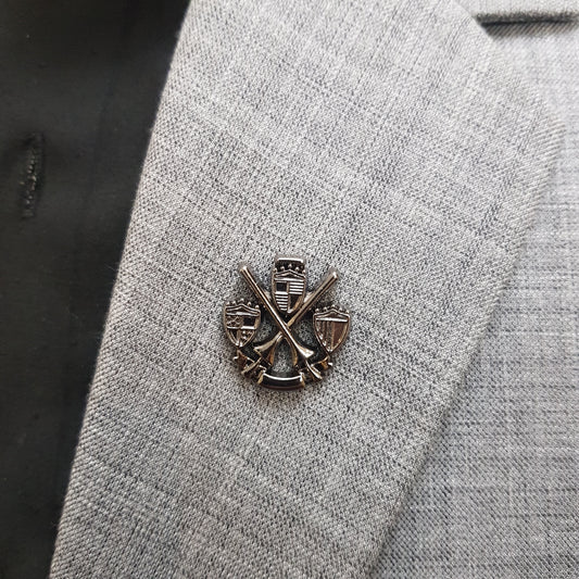 Gun Metal Crossed Bat And Shield Lapel Pin