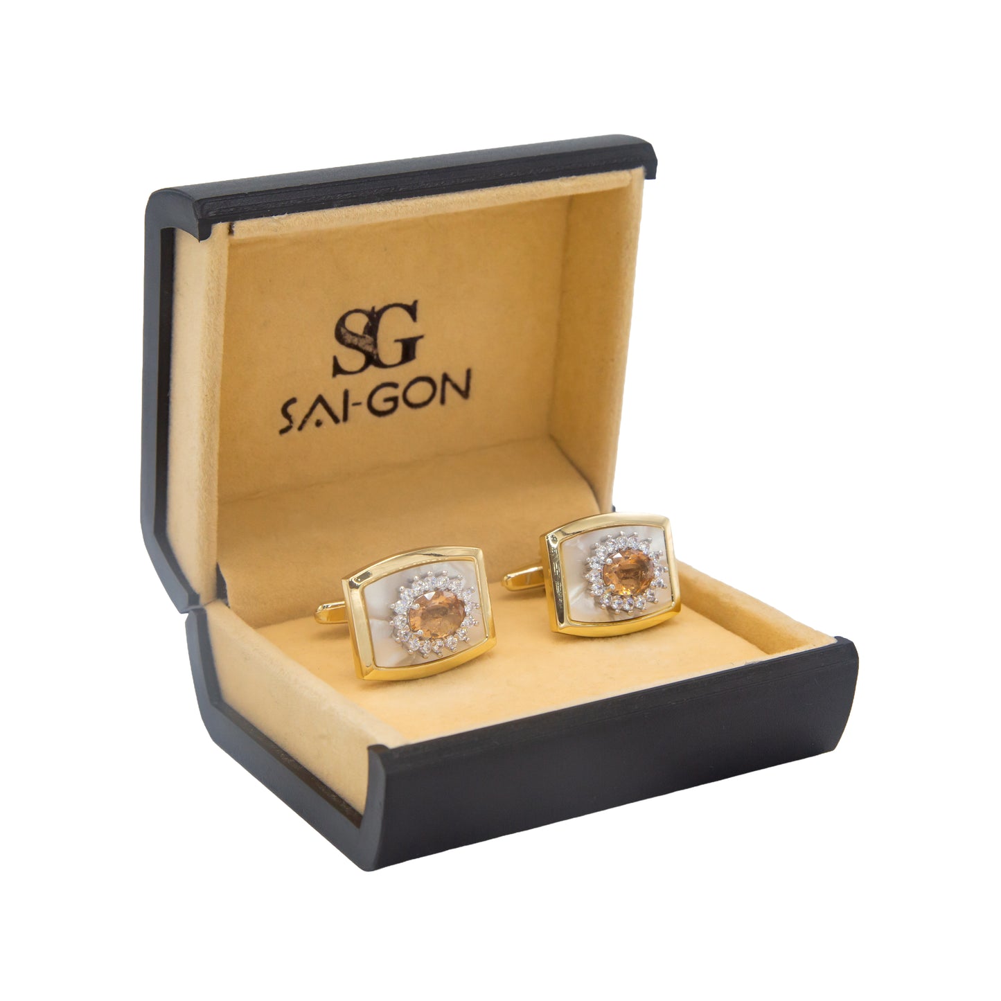 Premium Zircon Champagne Stone Golden Rectangular Cufflinks