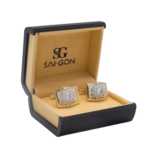 Premium Zircon White Stone Golden Rectangular Cufflinks