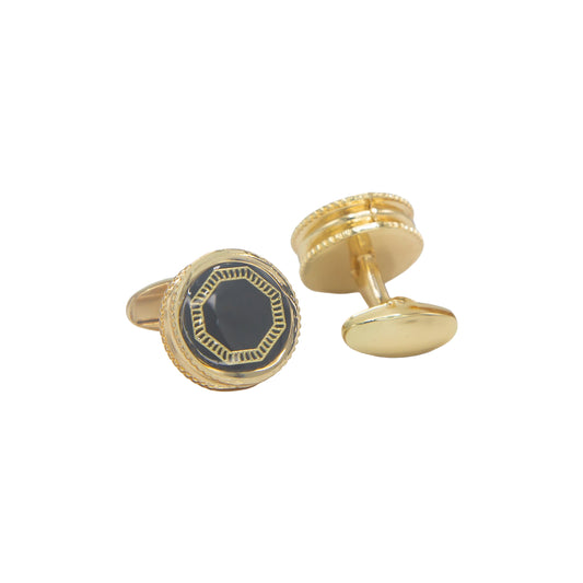 Round Shape Black Face Golden Gloss Finish Cufflinks.
