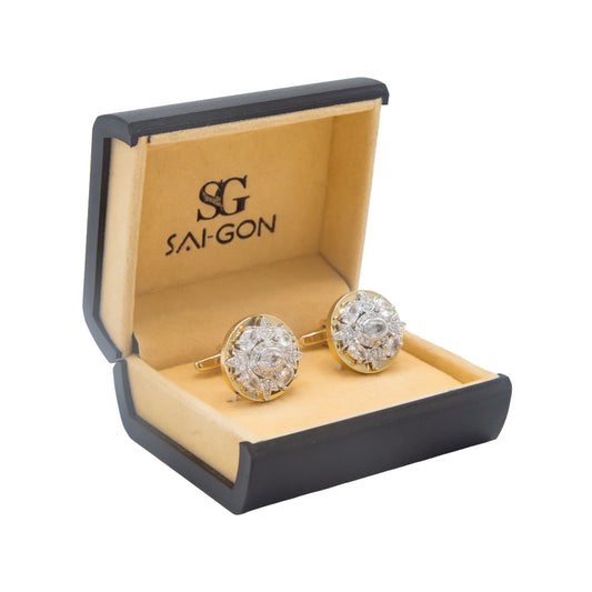 Premium Zircon White Stone Golden Round Cufflinks