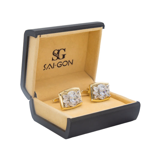 Premium Zircon White Stone Golden Rectangular Cufflinks