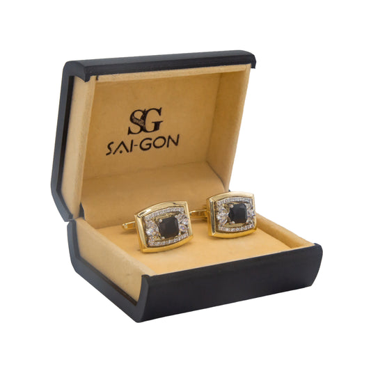 Zircon Black Stone Golden Rectangular Cufflinks.