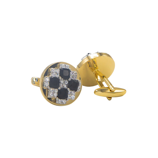 Premium Zircon Black Stone Golden Round Cufflinks