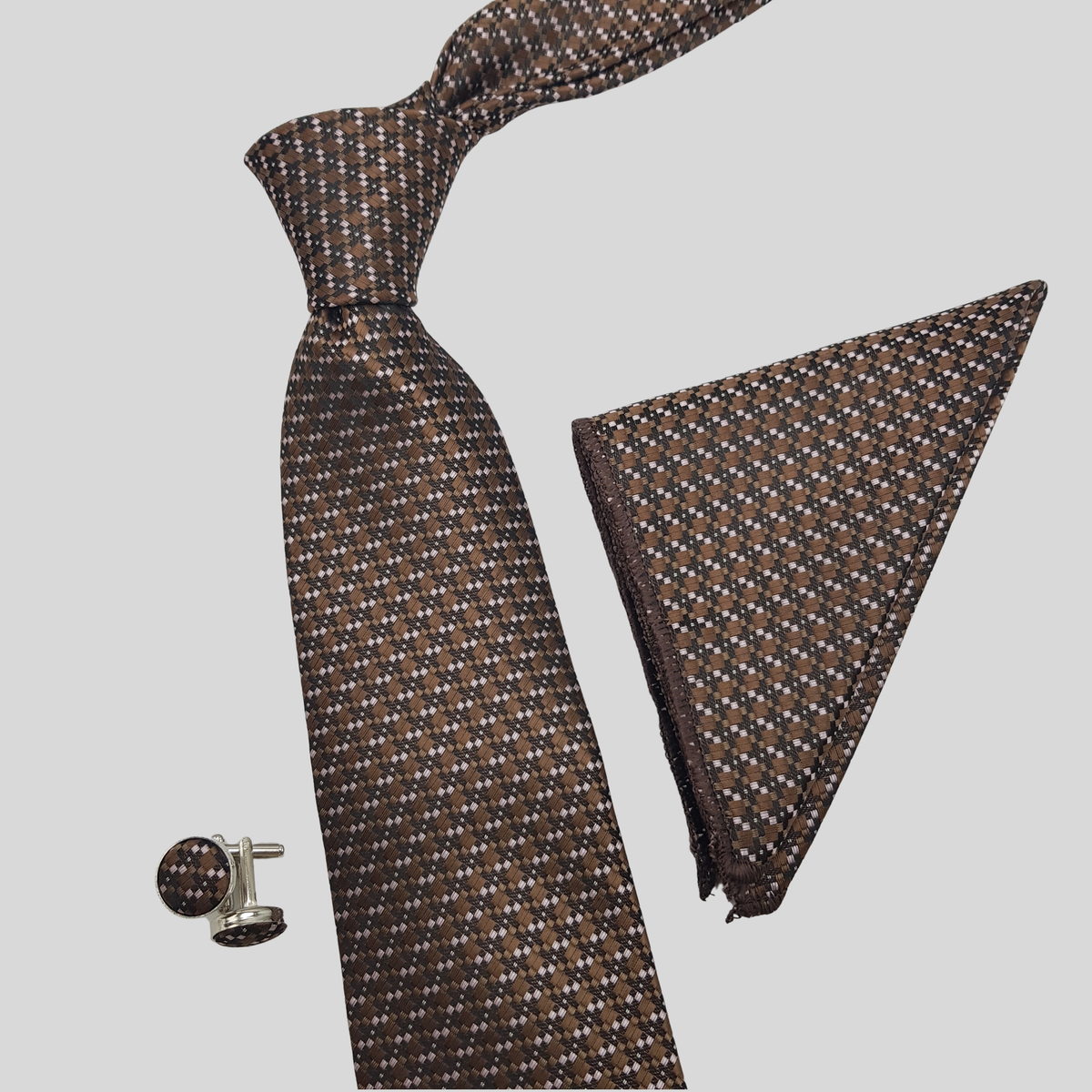 Brown Checkered Tie Set