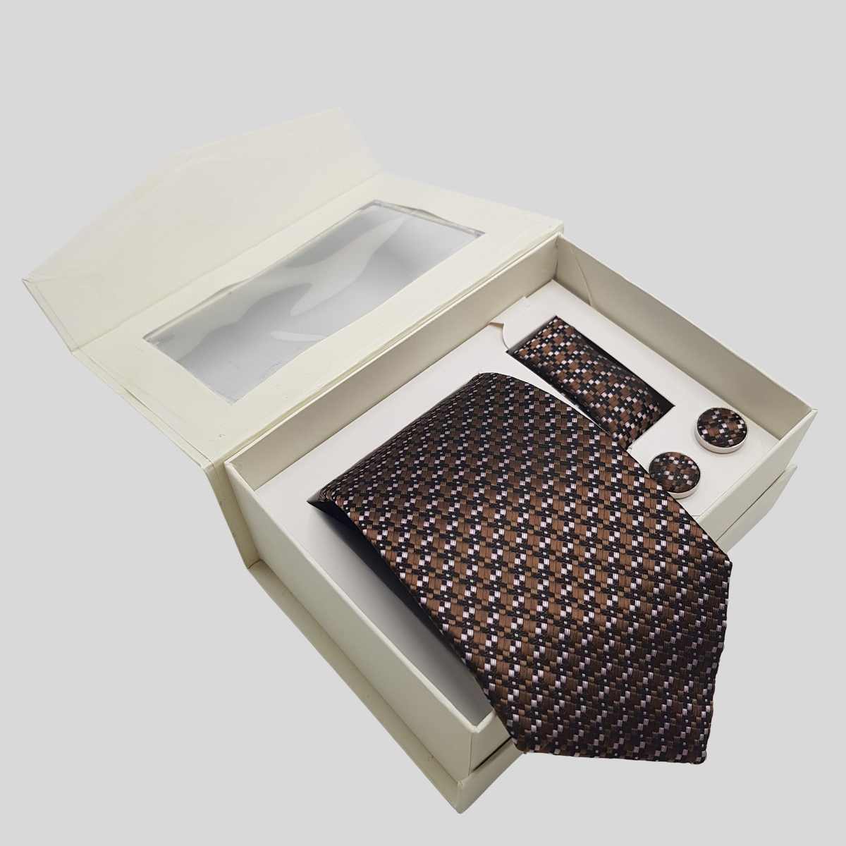 Brown Checkered Tie Set