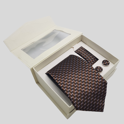 Brown Checkered Tie Set