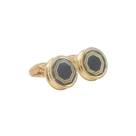 Round Shape Black Face Golden Gloss Finish Cufflinks.